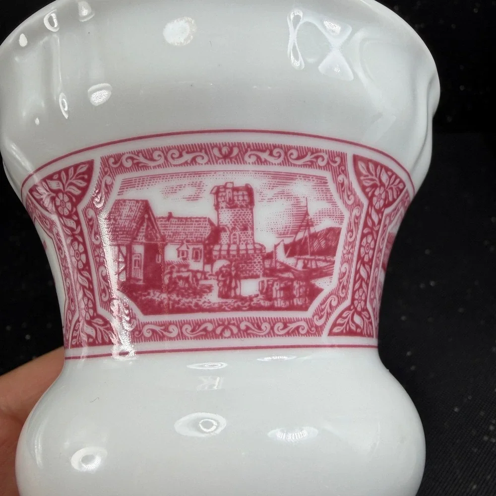 Heinrich Germany Porcelain Vase Pink White Scenic Transferware Castle 4.5 Inch